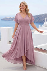 A-Line/Princess V-Neck Short Sleeves Asymmetrical Chiffon Plus Size Bridesmaid Dresses with Ruffles & Ruched