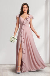 A-Line/Princess V-Neck Short Sleeves Bridesmaid Dresses With Ruffles & Split Side