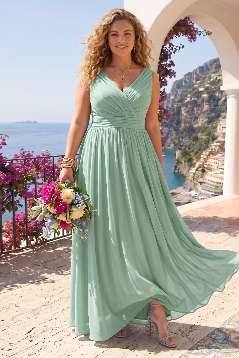 A-Line/Princess V-Neck Short Sleeves Chiffon Plus Size Bridesmaid Dresses With Bowknot As picture