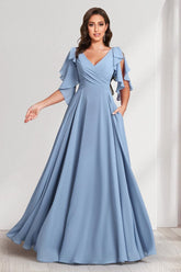 A-Line/Princess V-Neck Short Sleeves Long Bridesmaid Dresses With Ruffles & Belt