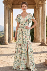 A-Line/Princess V-Neck Short Sleeves Split Side Floral Bridesmaid Dresses Green