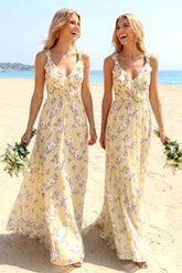 A-Line/Princess V-Neck Sleeveless Floor-Length Bridesmaid Dresses With Ruffles & Ruched