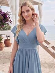 A-Line/Princess V-Neck Sleeveless Floor-Length Bridesmaid Dresses With Split Side & Ruffles