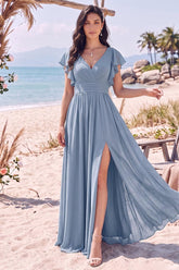A-Line/Princess V-Neck Sleeveless Floor-Length Bridesmaid Dresses With Split Side & Ruffles