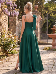 A-Line/Princess V-Neck Sleeveless Floor-Length Satin Bridesmaid Dresses With Split Side & Bowknot