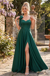 A-Line/Princess V-Neck Sleeveless Floor-Length Satin Bridesmaid Dresses With Split Side & Bowknot