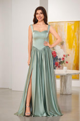 A-Line/Princess V-Neck Sleeveless Long Bridesmaid Dresses with Side Slit & Pleats