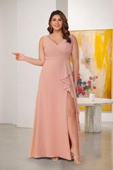 A-Line/Princess V-Neck Sleeveless Ruched Chiffon Plus Size Bridesmaid Dresses With Side Slit & Ruffles Dusty Rose