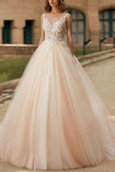 A-Line/Princess V Neck Tulle Lace Sweep Train Wedding Dresses With Lace
