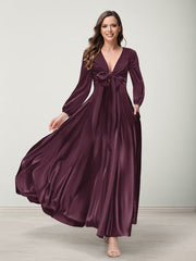 A-Line/Princess V-Neck Long Sleeves Bridesmaid Dresses with Pockets Burgundy