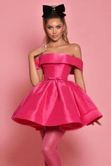 A Line Fuchsia Graduation Dress Off the Shoulder Short Cocktail Dresses