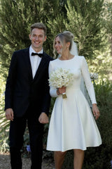 A Line Long Sleeve Wedding Dress Crew Neck Satin Tea Length Bridal Gown