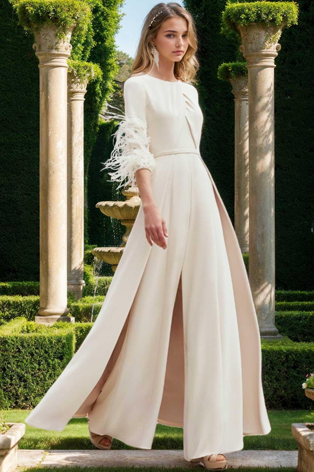 Ankle-Length Mother of the Bride Feather-Adorned Pantsuits with Jewel Neck and Half Sleeves