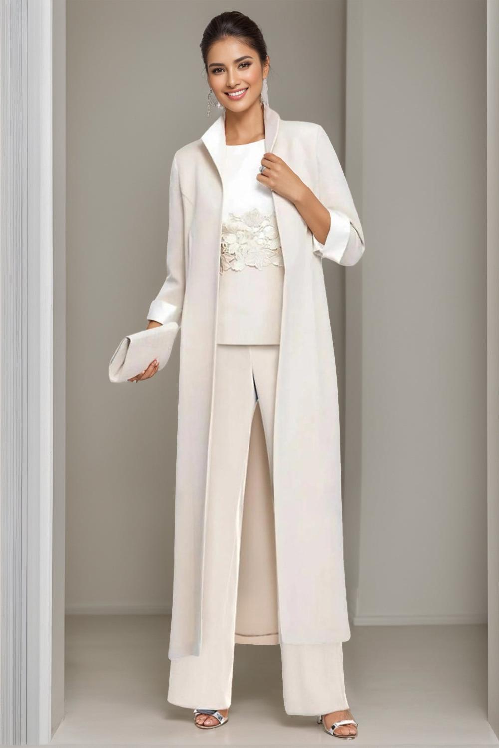 Ankle-Length Mother of the Bride Pantsuits in 3 Pieces Featuring Square Neck Jacket & Lace Appliques