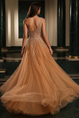 Apricot Tulle A Line Prom Dress with One Shoulder and High Slit