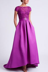 Asymmetrical A-Line Mother of the Bride Dress with Scoop Neck and Short Sleeves
