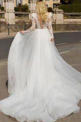 Asymmetrical Lace Long Sleeves Beach Wedding Dress with Panel Train