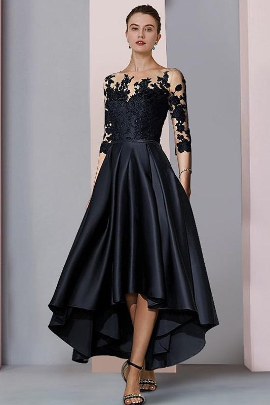 Asymmetrical Tea-Length A-Line/Princess Mother of the Bride Dresses with Illusion-Neck
