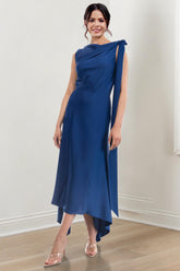 Asymmetrical Tea-Length Mother of the Bride Sheath Dress with Ruched Column Jewel Neck