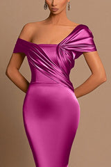 Asymmetrical short sleeves silk like satin bridesmaid dresses trumpet/mermaid style