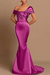 Asymmetrical short sleeves silk like satin bridesmaid dresses trumpet/mermaid style