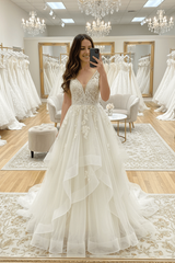 Ivory Wedding Dress V Neck A Line Tulle Bridal Dress with Lace Appliques