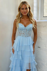 Baby Blue Sweetheart Prom Dress Tiered Lace Chiffon Evening Dress