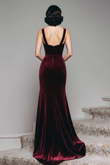 Stunning Burgundy Velvet Mermaid Thick Straps Long Prom Dress