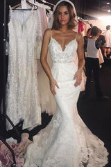 Backless Wedding Dress Lace Mermaid Spaghetti Straps Bridal Dress