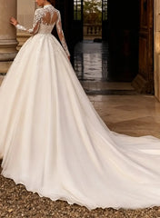 Ball Gown High Neck Long Sleeves Chapel Train Satin Tulle Organza Wedding Dress with Appliques