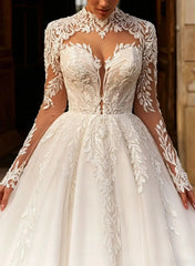 Ball Gown High Neck Long Sleeves Chapel Train Satin Tulle Organza Wedding Dress with Appliques