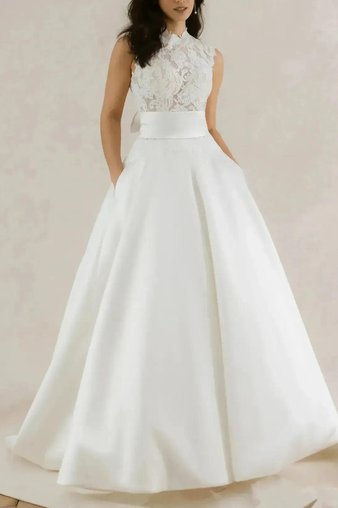 Ball Gown High Neck Sleeveless Chapel Train Lace Wedding Dress with Bow and Pockets