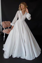 Ball-Gown Long Sleeves Court Train Beach Wedding Dresses With Front Split