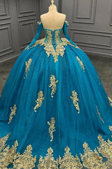 Ball Gown Off Shoulder Long Sleeves Beaded 3D Gold Appliques Lake Blue Tulle Quinceanera Dress Birthday Party Gown For Sweet 16