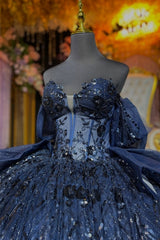 Ball Gown Off Shoulder Sleeveless Beaded 3D Flowers Appliques Bow Knot Shawl Sparkly Dark Navy Tulle Quinceanera Dress Formal Evening Gown Birthday Party Dress For Sweet 16