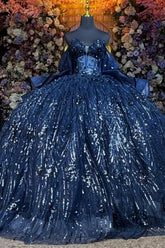 Ball Gown Off Shoulder Sleeveless Beaded 3D Flowers Appliques Bow Knot Shawl Sparkly Dark Navy Tulle Quinceanera Dress Formal Evening Gown Birthday Party Dress For Sweet 16