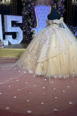 Ball Gown Off Shoulder Sleeveless Beaded 3D Flowers Appliques Shawl Champagne Tulle Quinceanera Dress Birthday Party Dress Evening Gown For Sweet 16