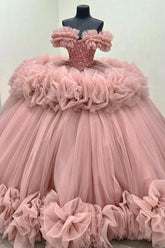 Ball Gown Off Shoulder Sleeveless Beaded Crystal Sequins Ruched Tiered Pink Tulle Quinceanera Dress Birthday Party Dress Evening Formal Gown