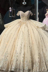 Ball Gown Off Shoulder Sleeveless Beaded Gold Appliques Bow Knots Champagne Tulle Quinceanera Dress Birthday Party Dress Evening Formal Gown For Sweet 16