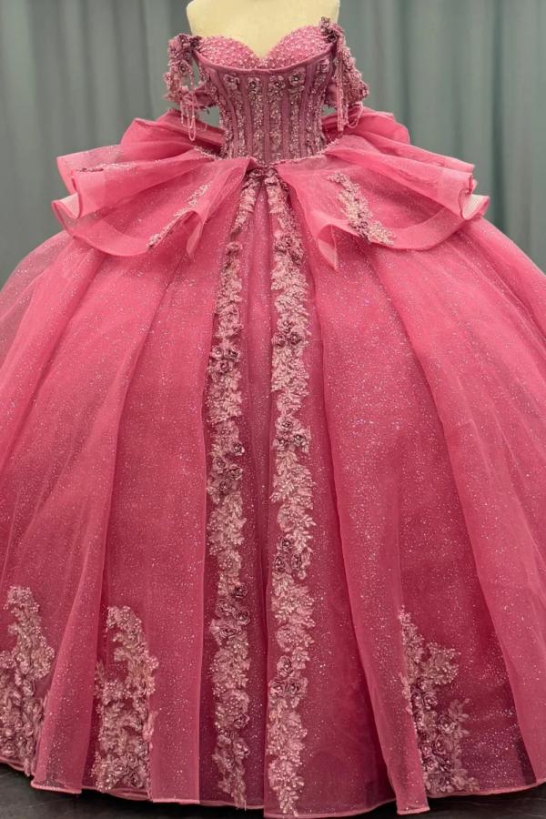 Ball Gown Off Shoulder Sleeveless Beaded Sequins 3D Flower Appliques Bow Knot Glitter Pink Tulle Quinceanera Dress Formal Evening Party Gown For Sweet 16