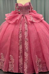 Ball Gown Off Shoulder Sleeveless Beaded Sequins 3D Flower Appliques Bow Knot Glitter Pink Tulle Quinceanera Dress Formal Evening Party Gown For Sweet 16
