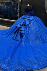 Ball Gown Off Shoulder Sleeveless Beaded Sequins Appliques Bow Knots Sparkly Royal Blue Tulle Quinceanera Dress Formal Evening Dress Birthday Party Dress For Sweet 16