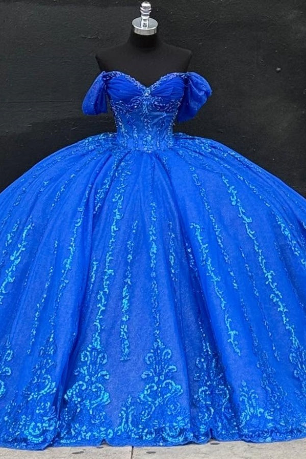 Ball Gown Off Shoulder Sleeveless Beaded Sequins Appliques Bow Knots Sparkly Royal Blue Tulle Quinceanera Dress Formal Evening Dress Birthday Party Dress For Sweet 16
