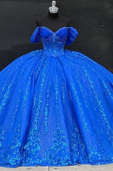 Ball Gown Off Shoulder Sleeveless Beaded Sequins Appliques Bow Knots Sparkly Royal Blue Tulle Quinceanera Dress Formal Evening Dress Birthday Party Dress For Sweet 16