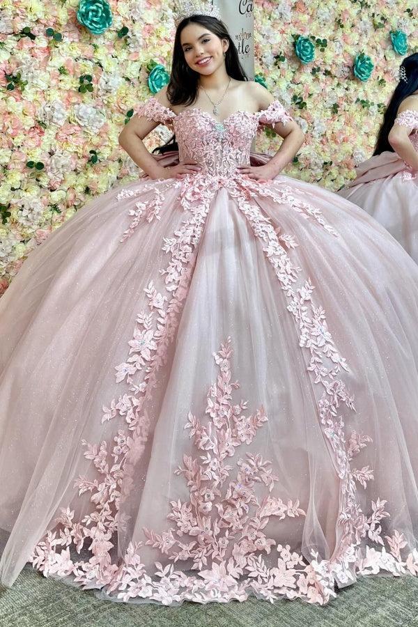 Ball Gown Off Shoulder Sleeveless Fully Appiques Crystal Pleated Lace Up Big Bow Knot Light Pink Tulle Quinceanera Dress Birthday Party Dress Formal Evening Gown For Sweet 16