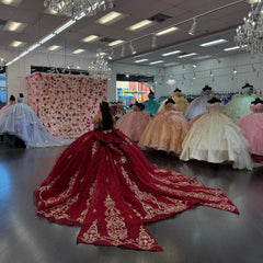 Ball Gown Off Shoulder Sleeveless Gold Sequins Appliques Big Bow Knot Sparkly Burgundy Tulle Quinceanera Dress Birthday Party Dress Evening Formal Gown For Sweet 16