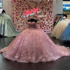 Ball Gown Off Shoulder Sleeveless Pleated 3D Flowers Applique Bow Knot Sparkly Pink Tulle Quinceanera Dress Birthday Party Dress Evening Formal Gown For Sweet 16