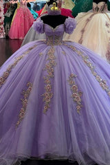 Ball Gown Off Shoulder Sleeveless Pleated Beaded Flower Appliques Glitter Lavenda Tulle Quinceanera Dress Birthday Party Gown For Sweet 16