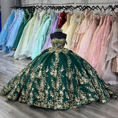 Ball Gown Off Shoulder Sleeveless Pleated Golf Sequins Appliques Dark Green Tulle Quinceanera Dress Birthday Party Dress Formal Evening Gown