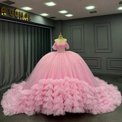 Ball Gown Off Shoulder Sleeveless Pleated Tulle Tiered Beaded Pink Tulle Quinceanera Dress Birthday Party Dress For Sweet 16